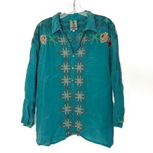 Johnny Was Teal Embroidered Button‎ Cupra Top - XSmall